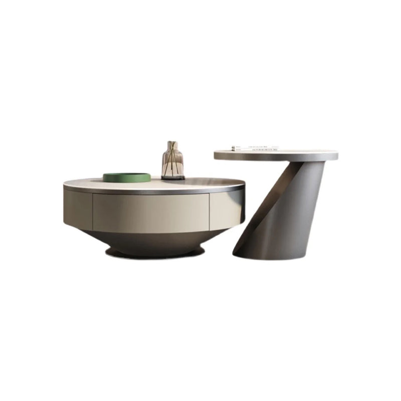 Table basse ronde sur piédestal en acier inoxydable avec dessus en ardoise gris/or