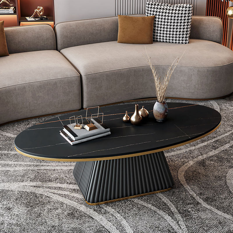 17.7"H Modern Metal Frame Single Foot Base Slate Oval Coffee Table Black Clearhalo 'Coffee & Accent Tables' 'Coffee Tables' 'coffee_tables' 'furn' 'furn_coffee_tables' 'Furniture' 'Living Room Furniture' 5108487