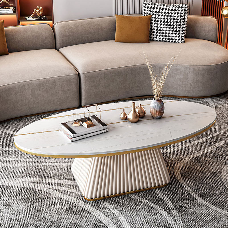 17.7"H Modern Metal Frame Single Foot Base Slate Oval Coffee Table White Clearhalo 'Coffee & Accent Tables' 'Coffee Tables' 'coffee_tables' 'furn' 'furn_coffee_tables' 'Furniture' 'Living Room Furniture' 5108493