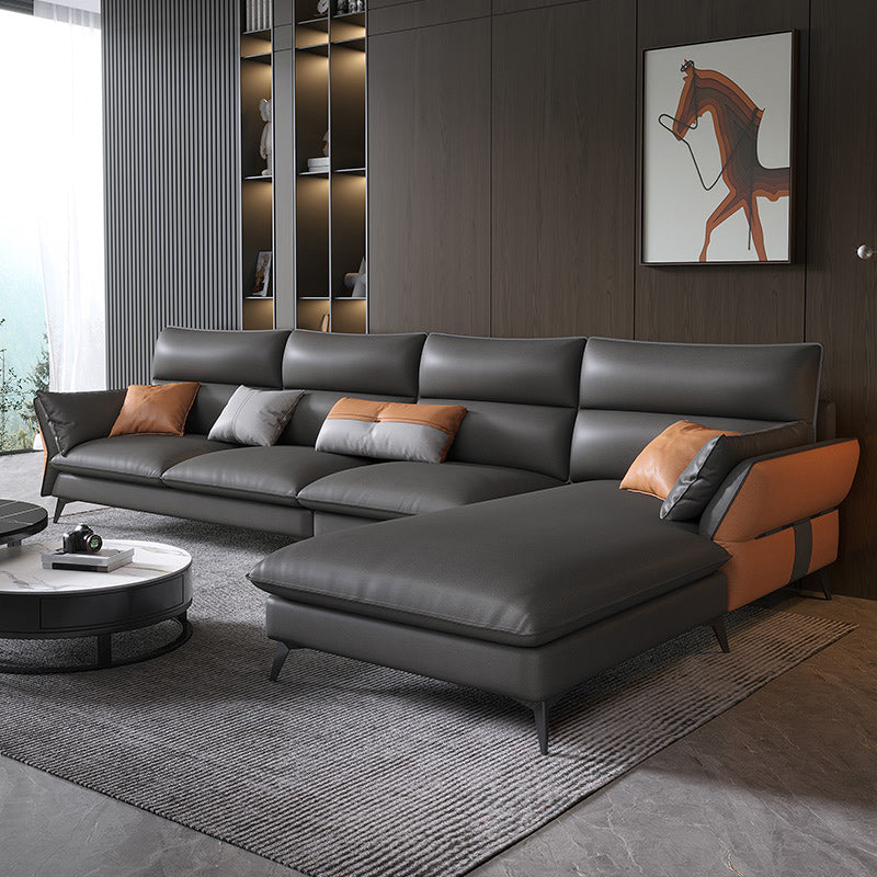 Vintage Sewn Pillow Back Sofa & Chaise 4-seat Faux Leather Sofa Dark Gray Right Clearhalo 'furn' 'furn_sectionals' 'Furniture' 'Living Room Furniture' 'Sectionals' 5112456