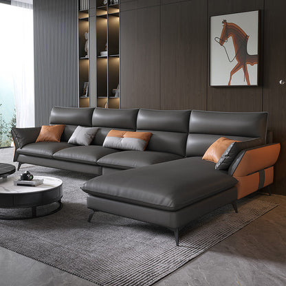 Vintage Sewn Pillow Back Sofa & Chaise 4-seat Faux Leather Sofa Dark Gray Right Clearhalo 'furn' 'furn_sectionals' 'Furniture' 'Living Room Furniture' 'Sectionals' 5112456