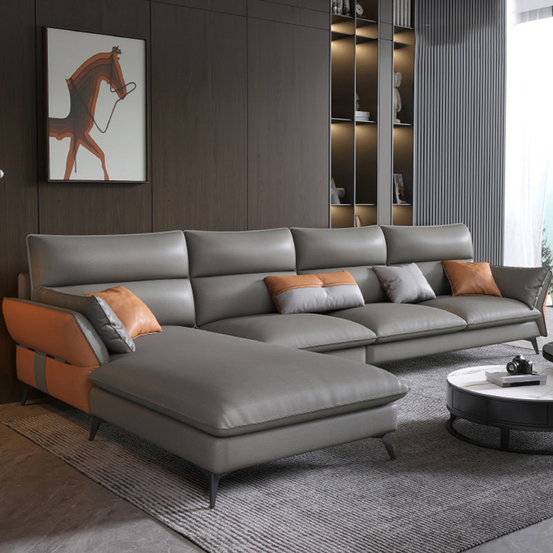 Vintage Sewn Pillow Back Sofa & Chaise 4-seat Faux Leather Sofa Gray Left Clearhalo 'furn' 'furn_sectionals' 'Furniture' 'Living Room Furniture' 'Sectionals' 5112459