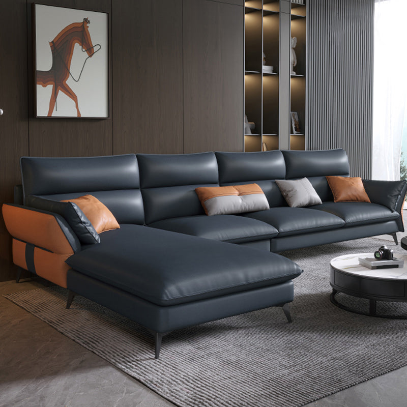 Vintage Sewn Pillow Back Sofa & Chaise 4-seat Faux Leather Sofa Blue Left Clearhalo 'furn' 'furn_sectionals' 'Furniture' 'Living Room Furniture' 'Sectionals' 5112467