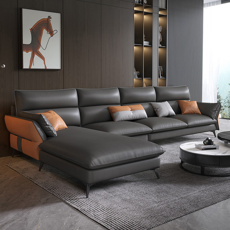 Vintage Sewn Pillow Back Sofa & Chaise 4-seat Faux Leather Sofa Dark Gray Left Clearhalo 'furn' 'furn_sectionals' 'Furniture' 'Living Room Furniture' 'Sectionals' 5112470