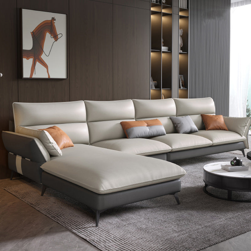 Vintage Sewn Pillow Back Sofa & Chaise 4-seat Faux Leather Sofa Light Gray Left Clearhalo 'furn' 'furn_sectionals' 'Furniture' 'Living Room Furniture' 'Sectionals' 5112472