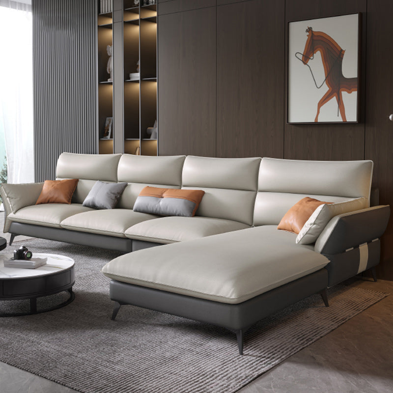 Vintage Sewn Pillow Back Sofa & Chaise 4-seat Faux Leather Sofa Light Gray Right Clearhalo 'furn' 'furn_sectionals' 'Furniture' 'Living Room Furniture' 'Sectionals' 5112474