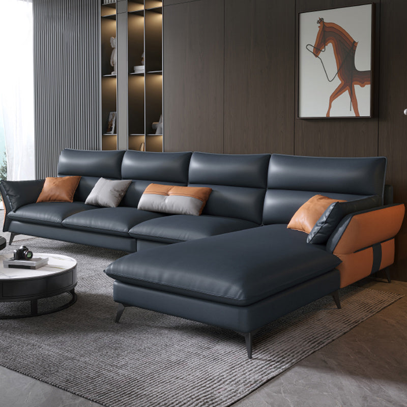 Vintage Sewn Pillow Back Sofa & Chaise 4-seat Faux Leather Sofa Blue Right Clearhalo 'furn' 'furn_sectionals' 'Furniture' 'Living Room Furniture' 'Sectionals' 5112478