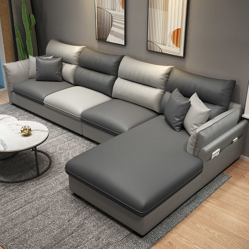 Mid Century Modern Faux Feather 4-seat Sofa & Chaise For Living Room Dark Light Grey Right Clearhalo 'furn' 'furn_sectionals' 'Furniture' 'Living Room Furniture' 'Sectionals' 5112545