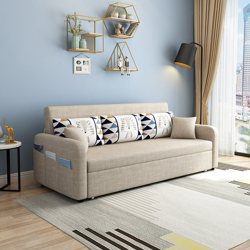 Eigentijdse katoenen blend vierkante armbank bed met kussens in bruin