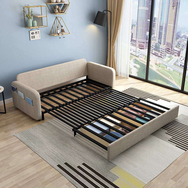 Eigentijdse katoenen blend vierkante armbank bed met kussens in bruin