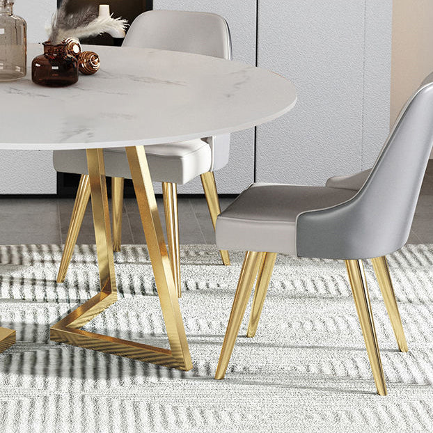 Moderne witte stenen eettafel metalen dubbele voetstuktafel voor keuken