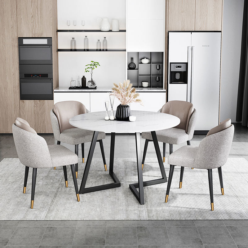 Moderne witte stenen eettafel metalen dubbele voetstuktafel voor keuken