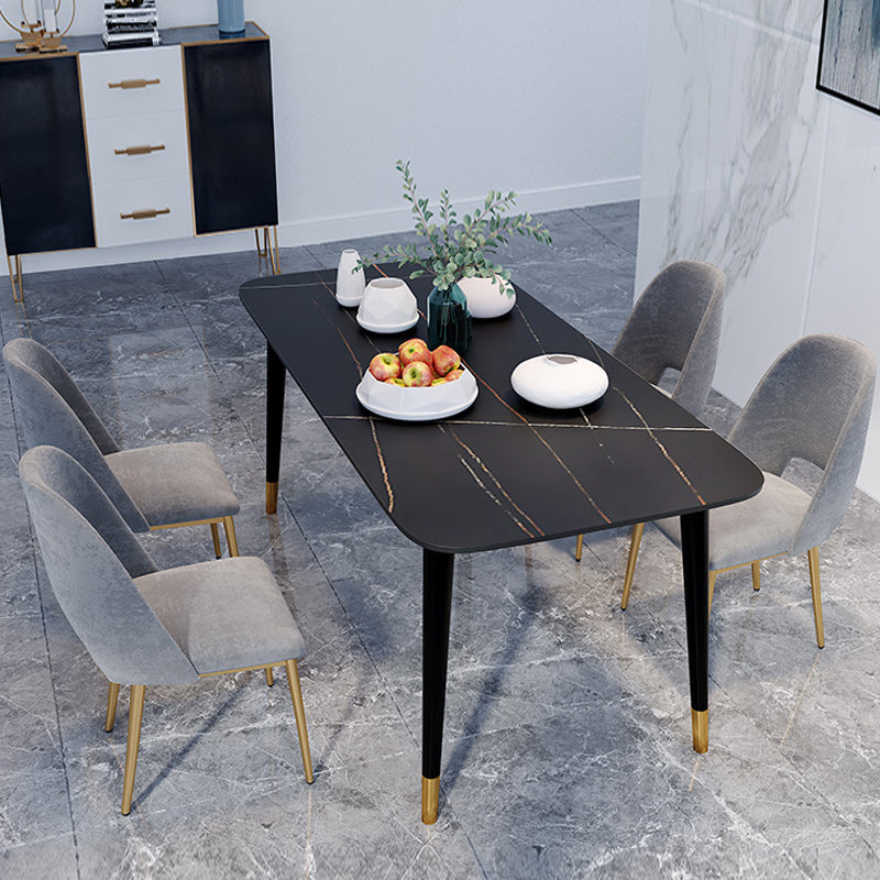 Rectangle Black Base Dining Table Modern Stone 4 Iron Legs Table Black Gold 55.1"L x 31.5"W x 29.5"H Without Chairs Clearhalo 'Dining Tables & Seating' 'Dining Tables' 'dining_table' 'furn' 'furn_dining_table' 'Furniture' 'Kitchen & Dining Furniture' 5119072