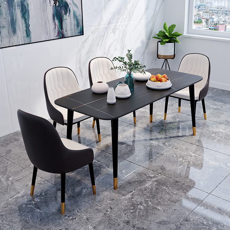 Rectangle Black Base Dining Table Modern Stone 4 Iron Legs Table Black Gold 63"L x 31.5"W x 29.5"H Without Chairs Clearhalo 'Dining Tables & Seating' 'Dining Tables' 'dining_table' 'furn' 'furn_dining_table' 'Furniture' 'Kitchen & Dining Furniture' 5119074
