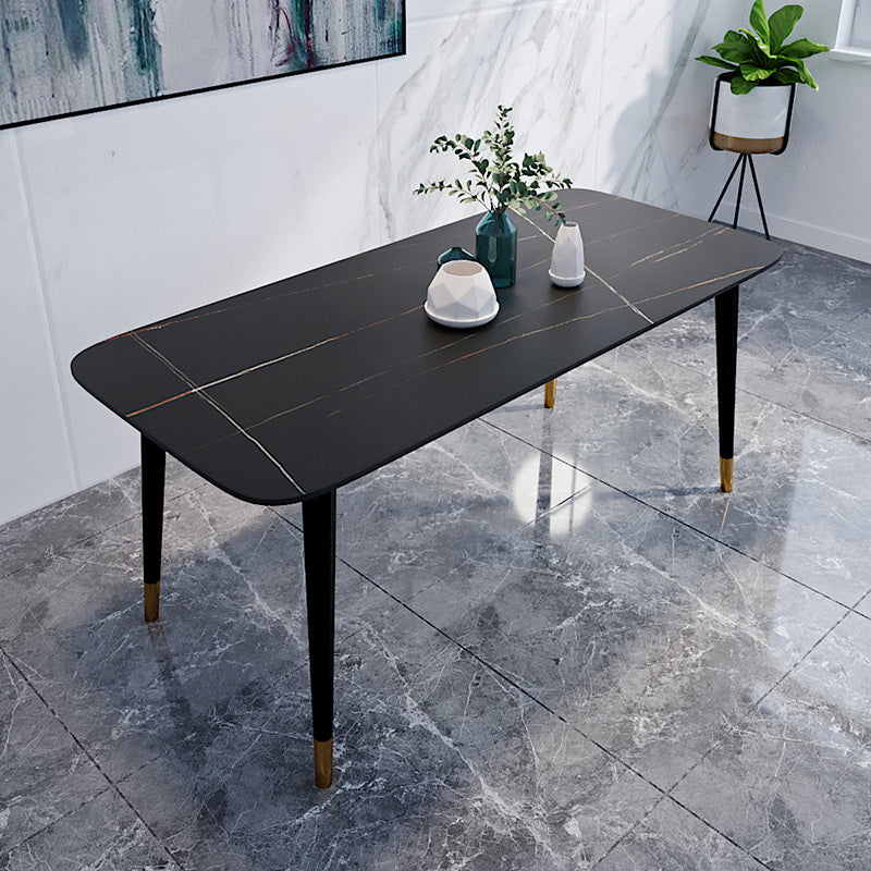 Rectangle Black Base Dining Table Modern Stone 4 Iron Legs Table Black Gold 78.7"L x 31.5"W x 29.5"H Without Chairs Clearhalo 'Dining Tables & Seating' 'Dining Tables' 'dining_table' 'furn' 'furn_dining_table' 'Furniture' 'Kitchen & Dining Furniture' 5119082