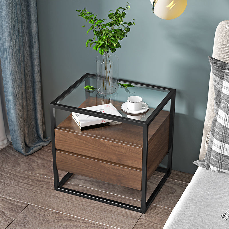 21 ''背の高いモダンなアクセントテーブルナイトスタンドグラストップ2ドロワーアイアンベッドサイドキャビネット