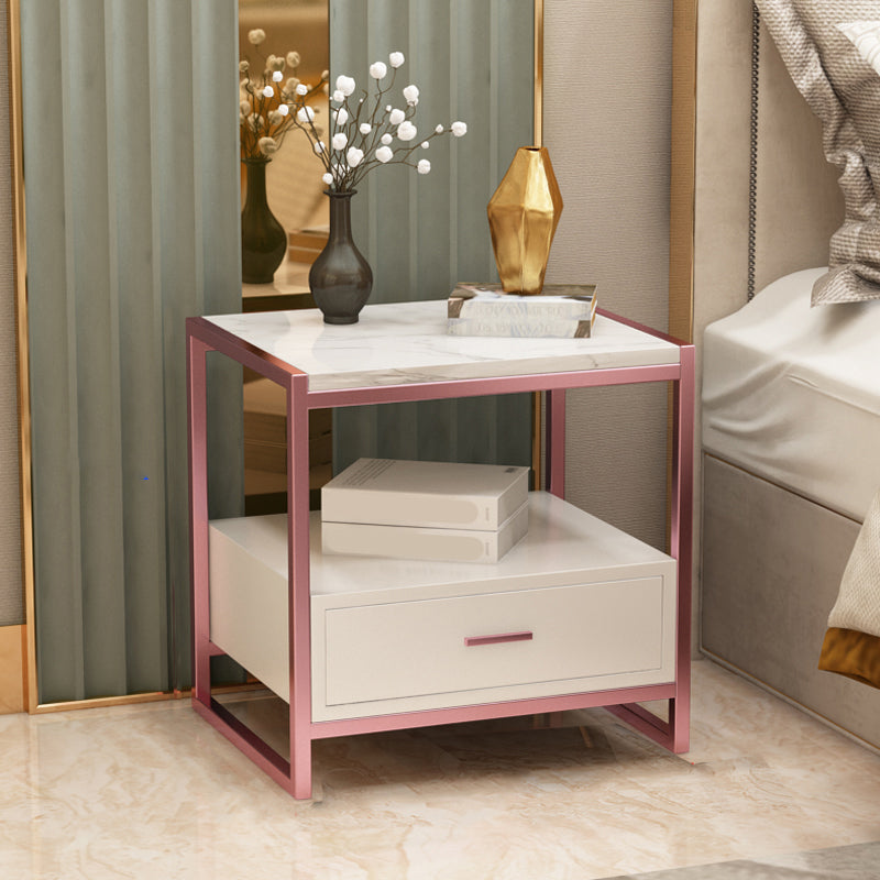 Glam Metal Night Table Faux Marble 1-Drawer Open Storage Bedside Cabinet in White/Black