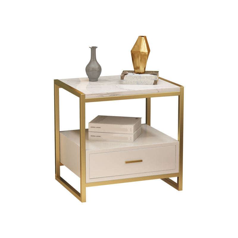 Glam Metal Night Table Faux Marble 1-Drawer Open Storage Bedside Cabinet in White/Black