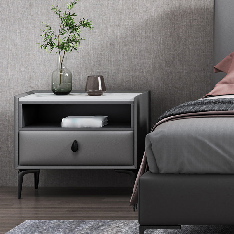 1-Drawer Storage 20'' Tall Nightstand Open Storage Stone Top Solid Wood Night Table Clearhalo 'Bedroom Furniture' 'furn' 'furn_night_stand' 'Furniture' 'night_stand' 'Nightstands' 5126524