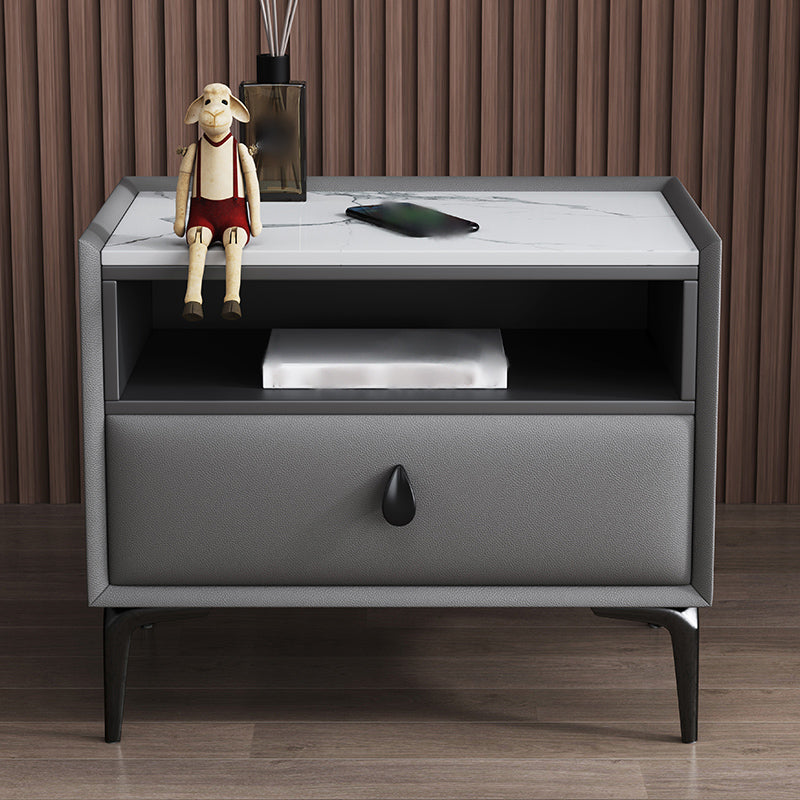 1-Drawer Storage 20'' Tall Nightstand Open Storage Stone Top Solid Wood Night Table Clearhalo 'Bedroom Furniture' 'furn' 'furn_night_stand' 'Furniture' 'night_stand' 'Nightstands' 5126527