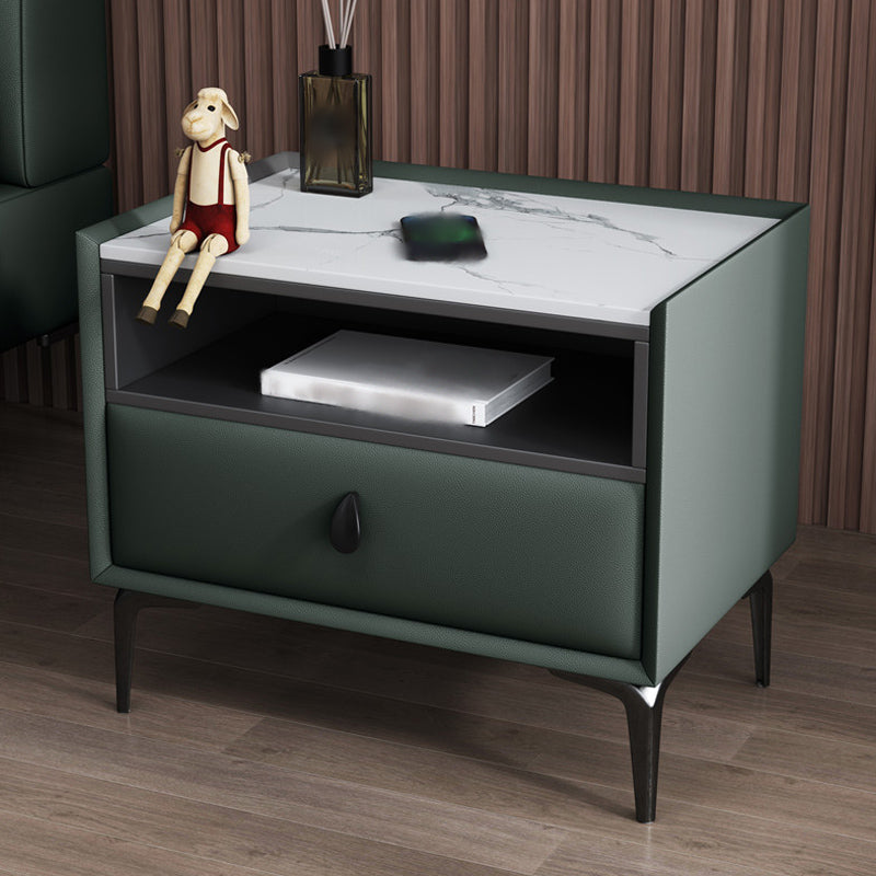 1-Drawer Storage 20'' Tall Nightstand Open Storage Stone Top Solid Wood Night Table Blackish Green Clearhalo 'Bedroom Furniture' 'furn' 'furn_night_stand' 'Furniture' 'night_stand' 'Nightstands' 5126530