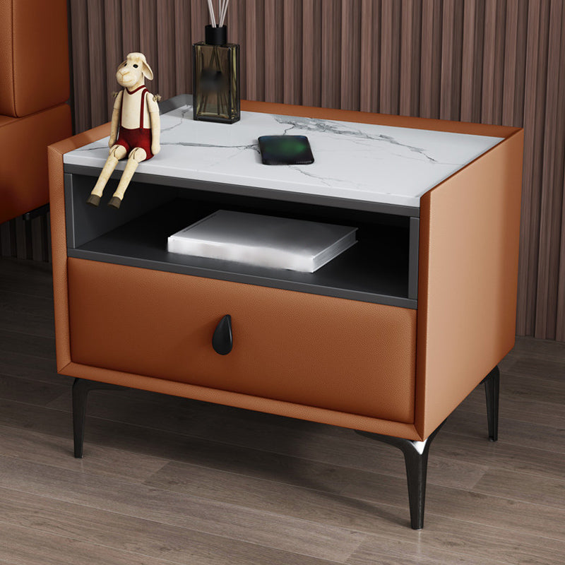 1-Drawer Storage 20'' Tall Nightstand Open Storage Stone Top Solid Wood Night Table Orange Clearhalo 'Bedroom Furniture' 'furn' 'furn_night_stand' 'Furniture' 'night_stand' 'Nightstands' 5126532