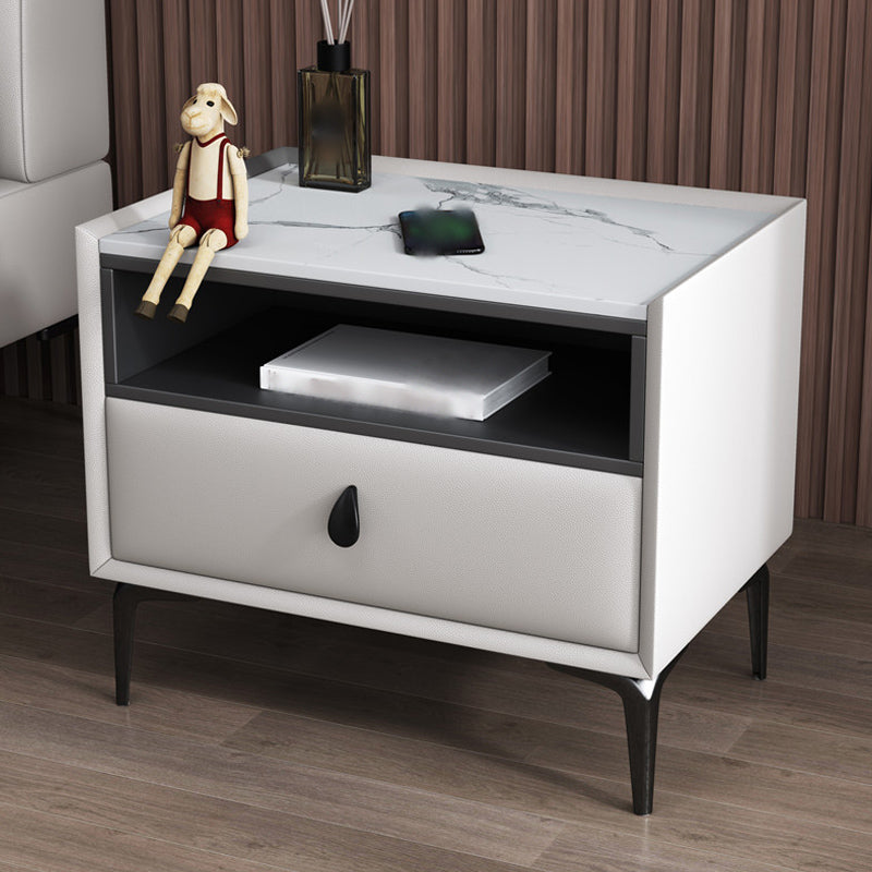 1-Drawer Storage 20'' Tall Nightstand Open Storage Stone Top Solid Wood Night Table Off-White Clearhalo 'Bedroom Furniture' 'furn' 'furn_night_stand' 'Furniture' 'night_stand' 'Nightstands' 5126536