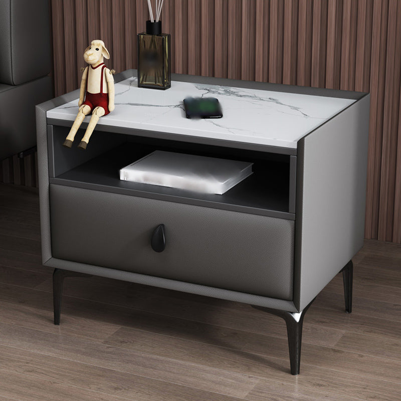 1-Drawer Storage 20'' Tall Nightstand Open Storage Stone Top Solid Wood Night Table Dark Gray Clearhalo 'Bedroom Furniture' 'furn' 'furn_night_stand' 'Furniture' 'night_stand' 'Nightstands' 5126538