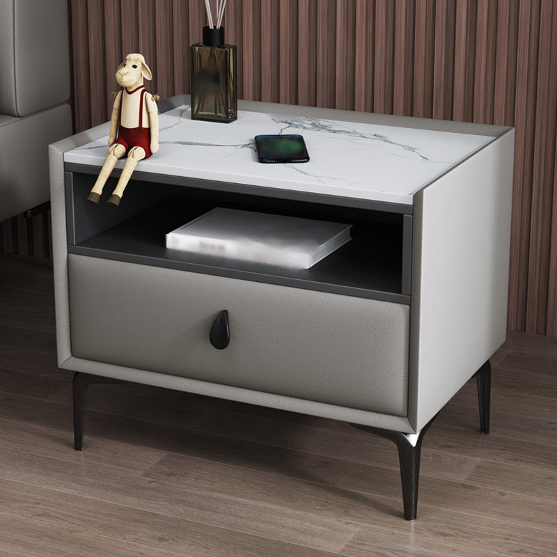 1-Drawer Storage 20'' Tall Nightstand Open Storage Stone Top Solid Wood Night Table Khaki Clearhalo 'Bedroom Furniture' 'furn' 'furn_night_stand' 'Furniture' 'night_stand' 'Nightstands' 5126541