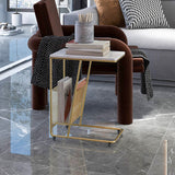 Modern Rectangular Side Table 19.7" x 11.8" x 22.8" Metal/Stone End Table with Casters