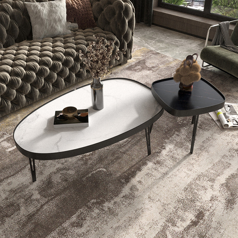 Modern Slate/metal Oval/square Coffee Table for Living Room Cocktail Table 43"L x 27.5"W x 14"H + 22"L x 22"W x 18"H White-Black Clearhalo 'Coffee & Accent Tables' 'Coffee Tables' 'coffee_tables' 'furn' 'furn_coffee_tables' 'Furniture' 'Living Room Furniture' 5127529