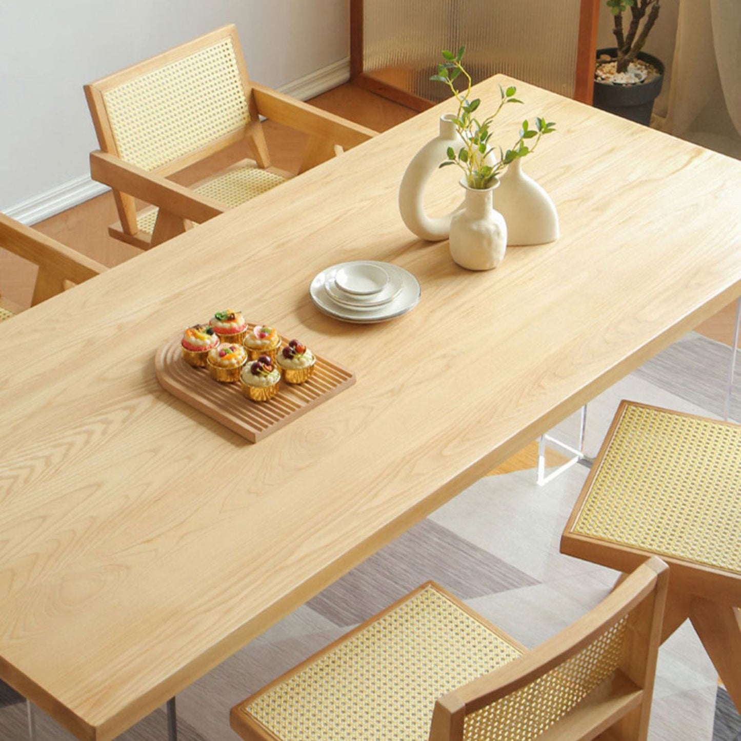 Modern Rectangular Dining Table Set 1/3/5 Pieces Solid Wood Dining Room Set