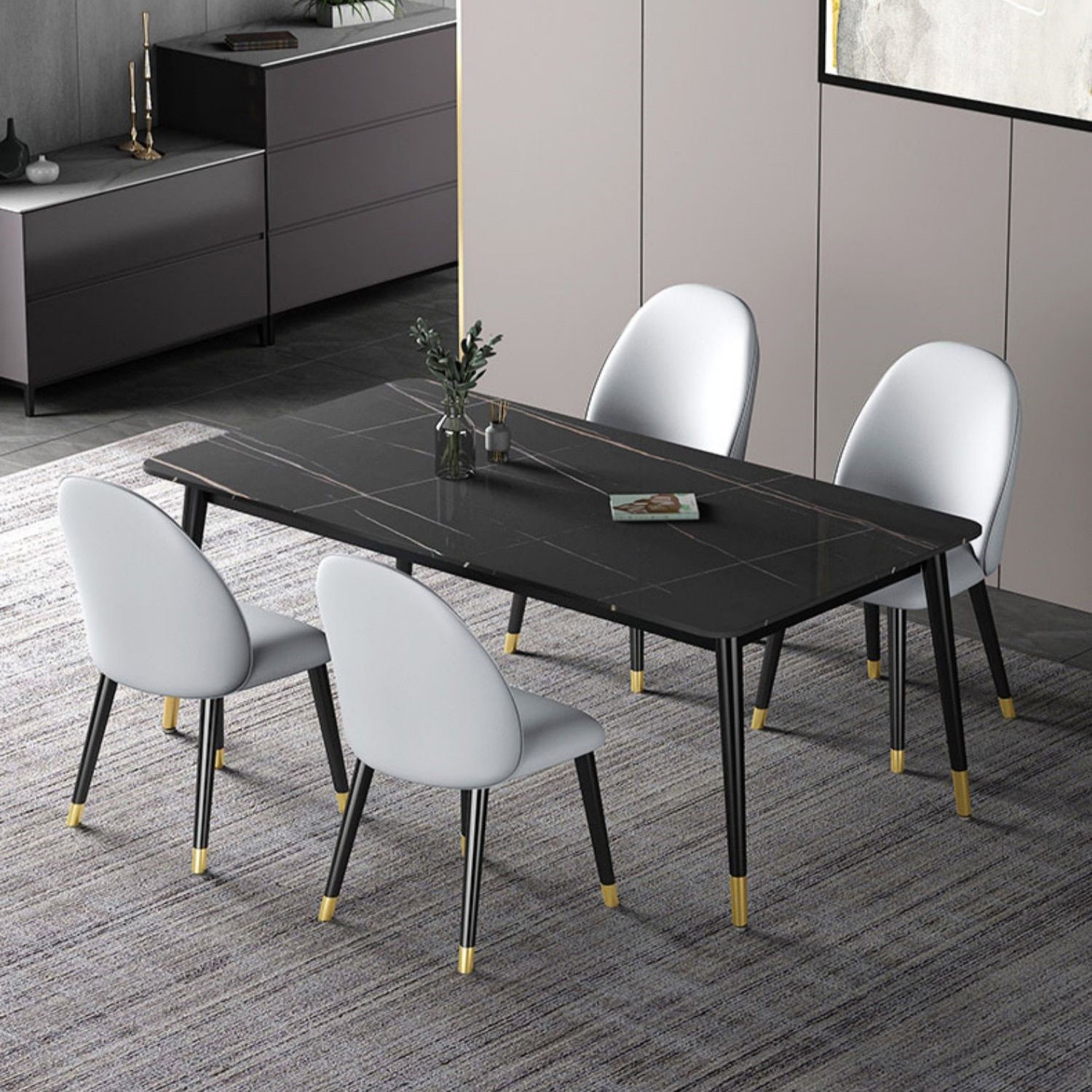 Modern Rectangle Dining Table Set 1/2/3/5/7 Pieces Dinette Set with Sintered Stone Top 5 Pieces: Black Table, 4 Chairs Clearhalo 'Dining Room Sets' 'Dining Tables & Seating' 'dining_room_set' 'furn' 'furn_dining_room_set' 'Furniture' 'Kitchen & Dining Furniture' 5131007