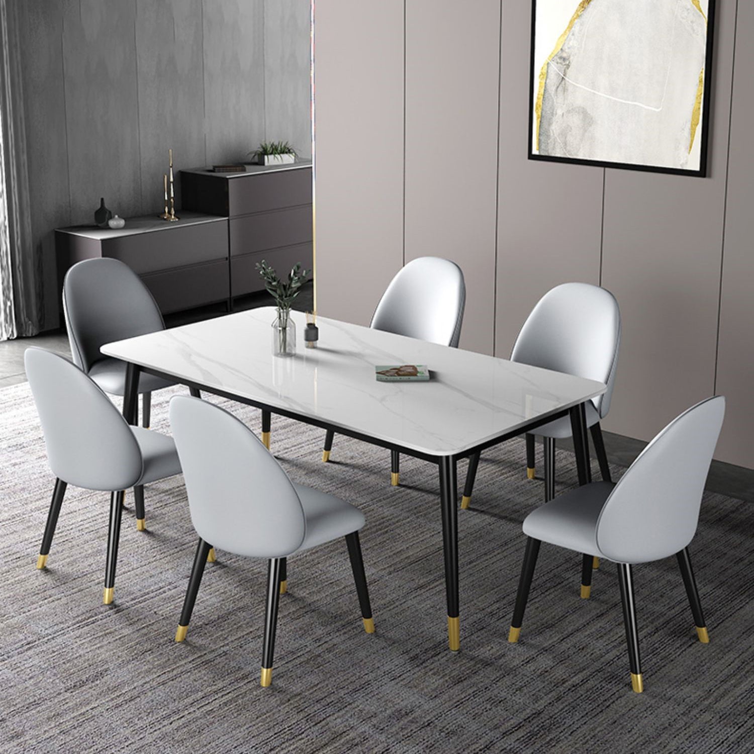 Modern Rectangle Dining Table Set 1/2/3/5/7 Pieces Dinette Set with Sintered Stone Top 7 Pieces: White Table, 6 Chairs Clearhalo 'Dining Room Sets' 'Dining Tables & Seating' 'dining_room_set' 'furn' 'furn_dining_room_set' 'Furniture' 'Kitchen & Dining Furniture' 5131011