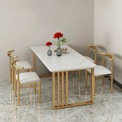 Glam Stone Dining Table Rectangle Iron Table with Double Pedestal Table