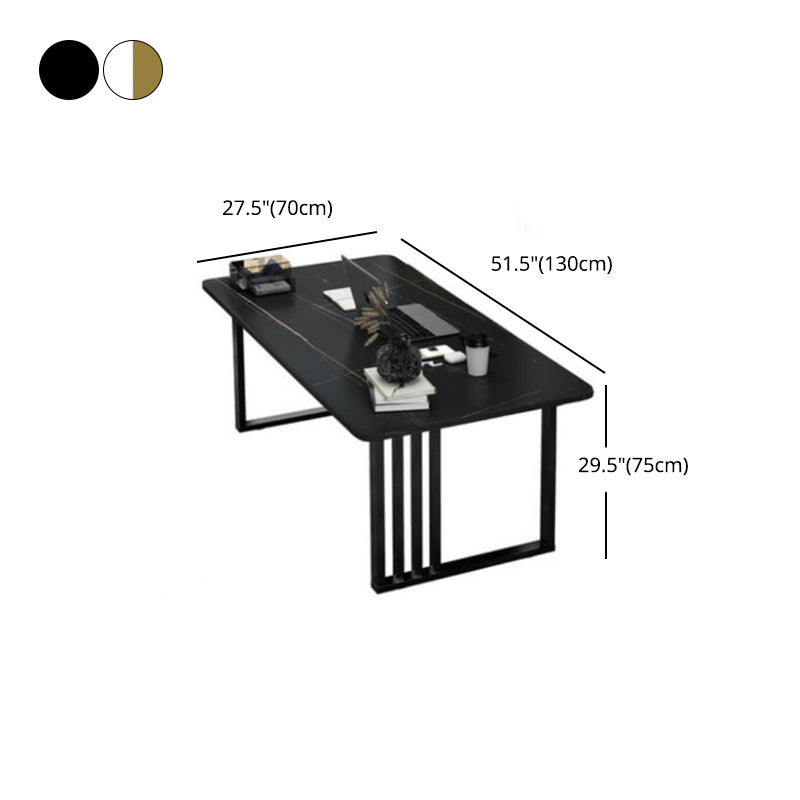 Glam Stone Dining Table Rectangle Iron Table with Double Pedestal Table