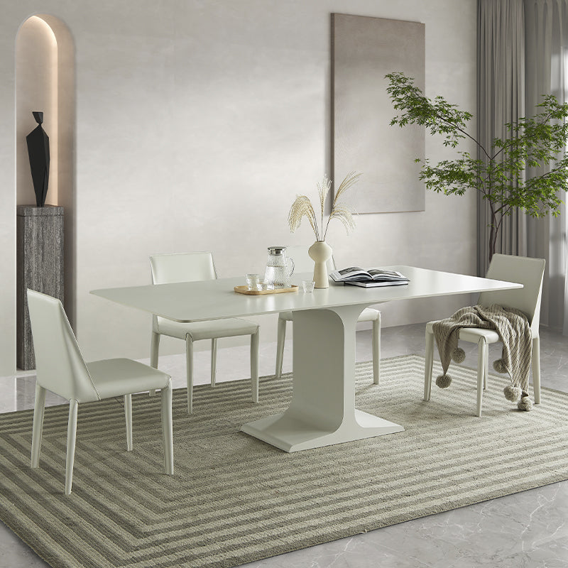 Mesa de comedor de piedra blanca y acero, mesa de comedor informal con pedestal rectangular