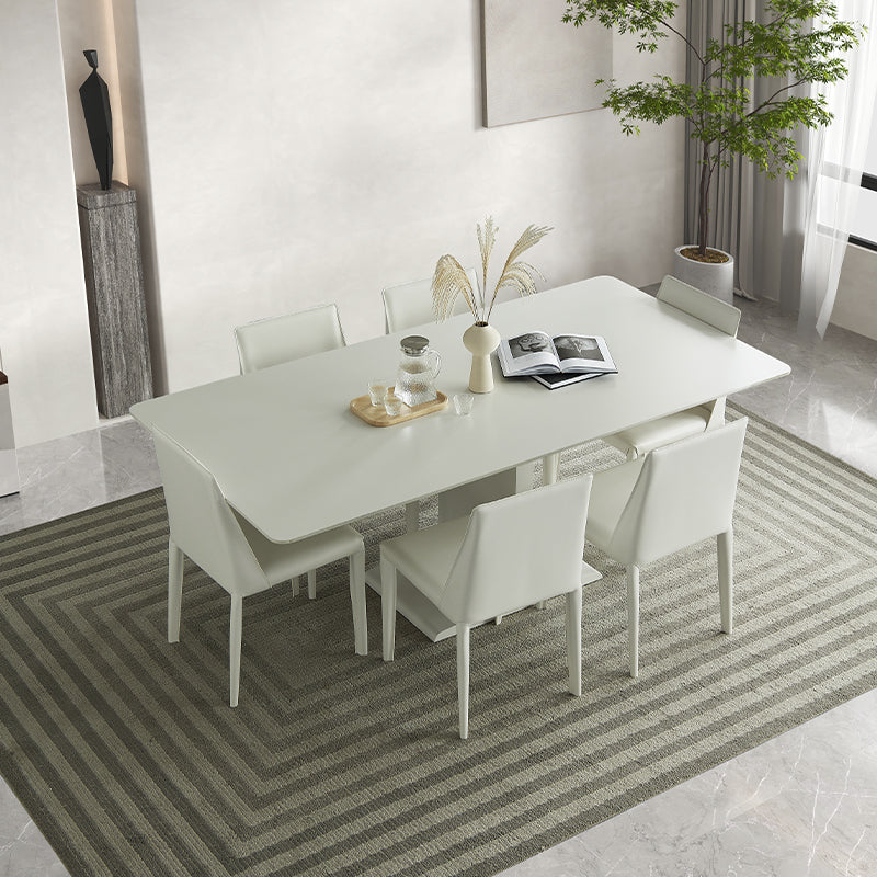 Mesa de comedor de piedra blanca y acero, mesa de comedor informal con pedestal rectangular
