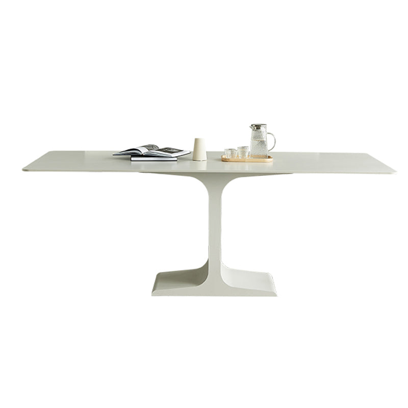 Mesa de comedor de piedra blanca y acero, mesa de comedor informal con pedestal rectangular