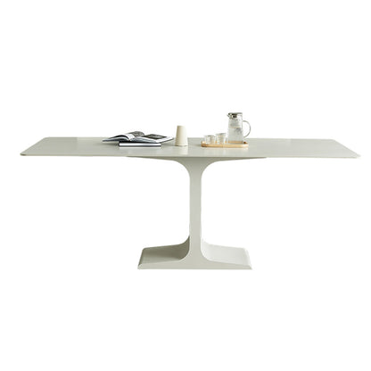 Mesa de comedor de piedra blanca y acero, mesa de comedor informal con pedestal rectangular