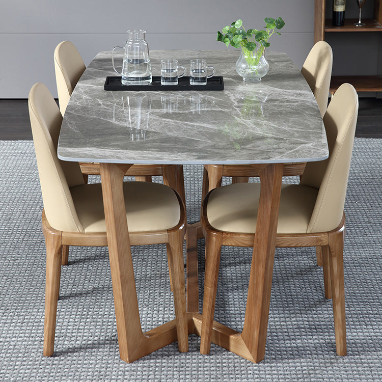 Modern Style Dining Table Sintered Stone Trestle Table with Wooden Base