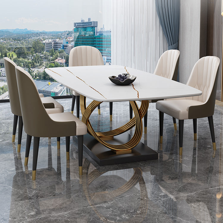 Glam Rectangle Dining Table Set 1/4/5/6/7 Pieces Dinette Set with White Stone Top 6 Pieces: White Table, 5 Chairs Clearhalo 'Dining Room Sets' 'Dining Tables & Seating' 'dining_room_set' 'furn' 'furn_dining_room_set' 'Furniture' 'Kitchen & Dining Furniture' 5148086