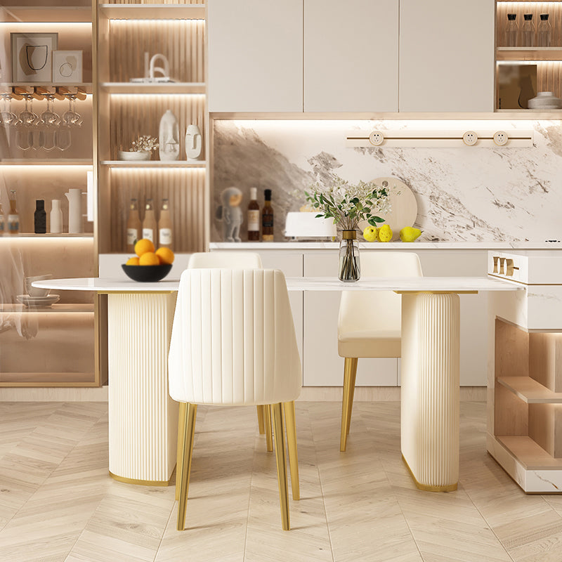 Moderne stenen eettafel ovale ijzeren tafel met dubbele voetstuktafel