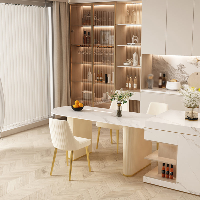 Moderne stenen eettafel ovale ijzeren tafel met dubbele voetstuktafel