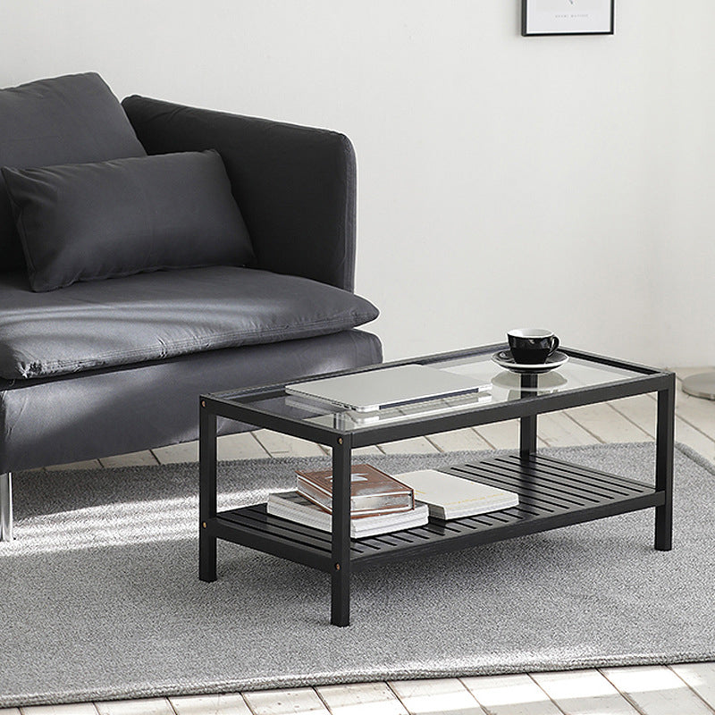 Modern 4 Legs Wood Base Rectangular Acrylic Top Coffee Table with Shelf