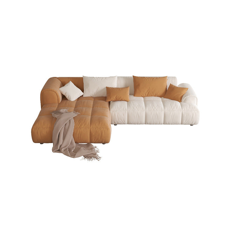 L-Shape Velvet Sectional with Recessed Arm and Pillow Back for Apartment 106"L x 63"W x 27"H Beige Orange Left Clearhalo 'furn' 'furn_sectionals' 'Furniture' 'Living Room Furniture' 'Sectionals' 5150284