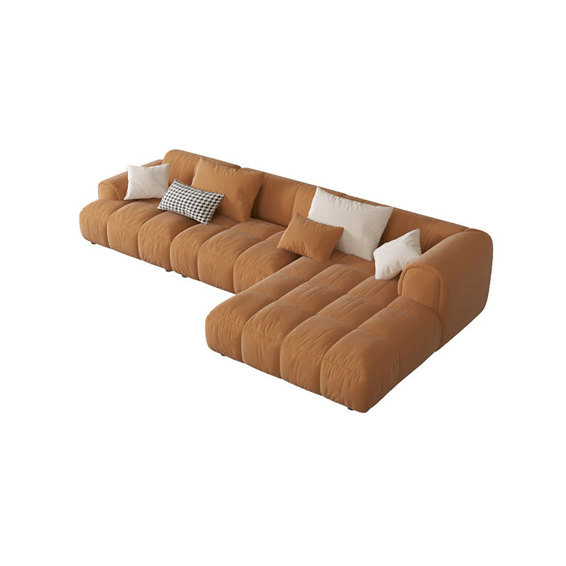 L-Shape Velvet Sectional with Recessed Arm and Pillow Back for Apartment 118"L x 63"W x 27"H Orange Right Clearhalo 'furn' 'furn_sectionals' 'Furniture' 'Living Room Furniture' 'Sectionals' 5150286