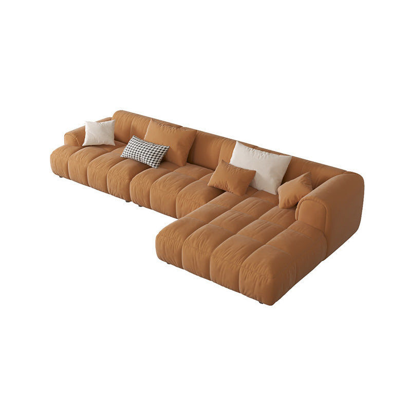 L-Shape Velvet Sectional with Recessed Arm and Pillow Back for Apartment 130"L x 63"W x 27"H Orange Right Clearhalo 'furn' 'furn_sectionals' 'Furniture' 'Living Room Furniture' 'Sectionals' 5150287