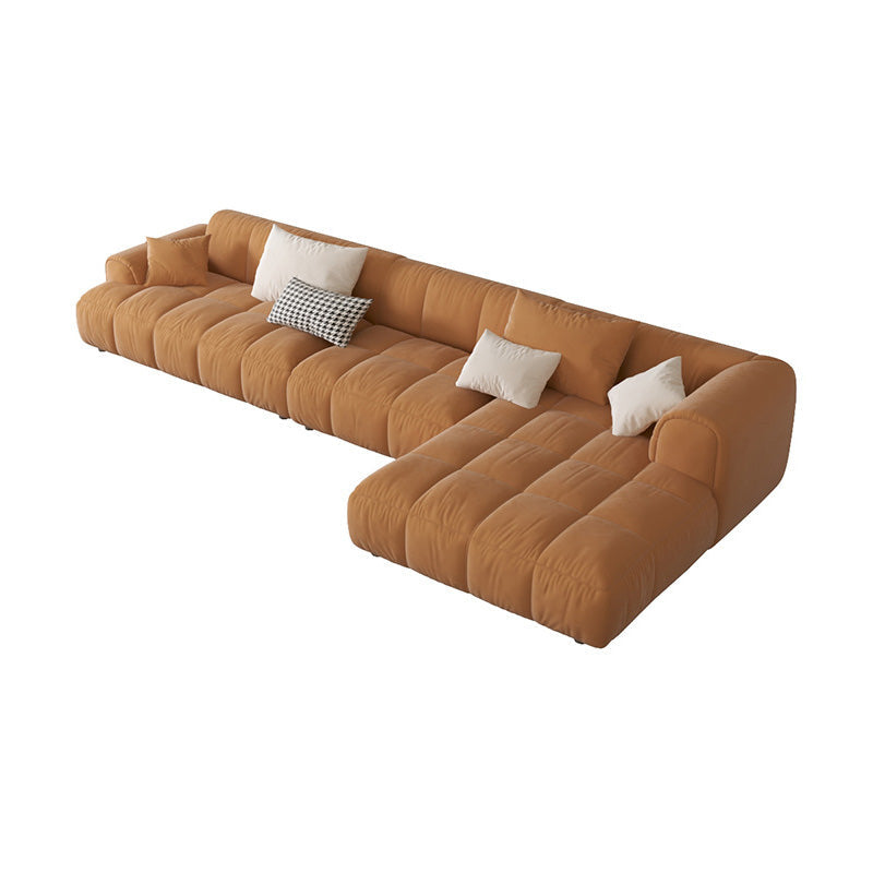 L-Shape Velvet Sectional with Recessed Arm and Pillow Back for Apartment 142"L x 63"W x 27"H Orange Right Clearhalo 'furn' 'furn_sectionals' 'Furniture' 'Living Room Furniture' 'Sectionals' 5150290