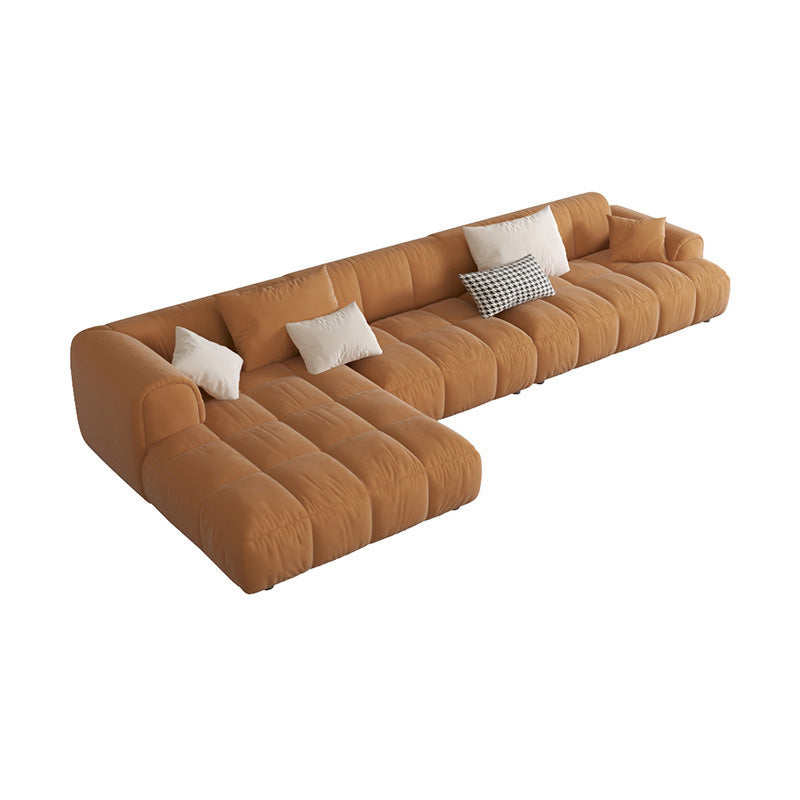 L-Shape Velvet Sectional with Recessed Arm and Pillow Back for Apartment 142"L x 63"W x 27"H Orange Left Clearhalo 'furn' 'furn_sectionals' 'Furniture' 'Living Room Furniture' 'Sectionals' 5150296